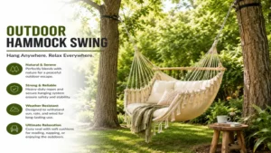 outdoor hammock swing hanging between trees in a natural garden setting