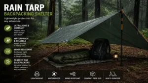 Lightweight rain tarp used as a backpacking shelter in a forest during wet conditions.