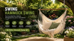 Swing hammock swing surrounded by flowers and greenery in a garden