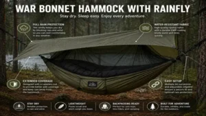 war bonnet hammock covered by a rainfly offering weather protection and dry overnight shelter