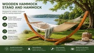 wooden hammock stand and hammock positioned beside a scenic lakeside outdoor landscape