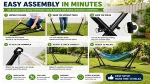 Step-by-step assembly of a fold away hammock stand in a garden setting