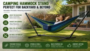 camping hammock stand used in a backyard setting, providing comfortable relaxation without the need for trees