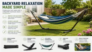 Collapsible hammock stand positioned in a backyard creating a relaxing outdoor lounging space