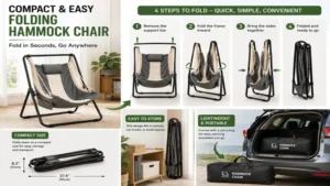 Compact folding hammock chair that folds easily for storage and travel