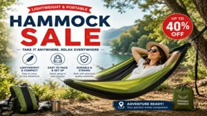 hammock sale promoting a portable hammock ideal for camping travel and outdoor adventures
