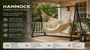 hammock swing and stand positioned on a covered porch for comfortable outdoor lounging