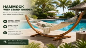 hammock with stand wooden positioned beside a tropical pool for luxury outdoor lounging and comfort