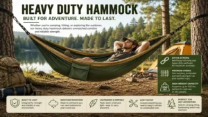 heavy duty hammock used at a campsite surrounded by nature and tall trees