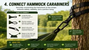 How to put up a hammock by connecting hammock carabiners safely to suspension straps
