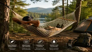 Camper resting in a lightweight netted hammock during an outdoor adventure