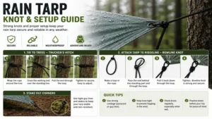 Proper knot tying techniques for securing a rain tarp tightly between trees.