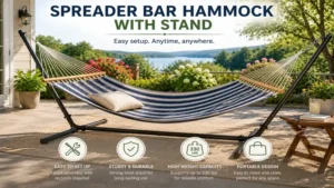 spreader bar hammock with stand placed on a patio for easy setup and portability