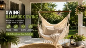 Swing hammock swing suspended on a spacious front porch with soft pillows