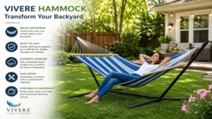 vivere hammock installed in a backyard creating a cozy outdoor retreat