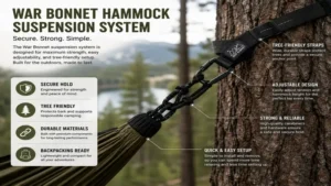Close-up of war bonnet hammock suspension system featuring durable straps and secure attachment points