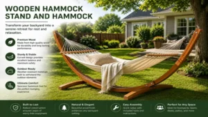 wooden hammock stand and hammock installed in a spacious backyard for outdoor relaxation
