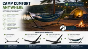Collapsible hammock stand used at a campsite with a hammock suspended between the support frame