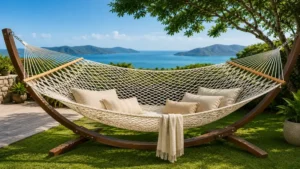 Large double netted hammock designed for comfortable lounging and relaxation