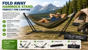 Fold away hammock stand being used at a campsite for portable comfort