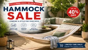 hammock sale displaying a stylish patio hammock with cozy cushions and modern outdoor decor