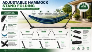 hammock stand folding infographic showing key features including portability stability and high weight capacity