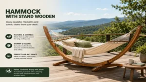 hammock with stand wooden placed on a scenic deck with mountain views and a sturdy wooden frame