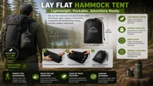 Lay flat hammock tent packed for backpacking and lightweight outdoor travel