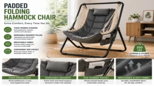 Padded folding hammock chair with soft fabric and headrest for extra comfort