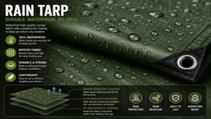 Close-up of durable waterproof fabric used in a high-quality rain tarp for outdoor use.