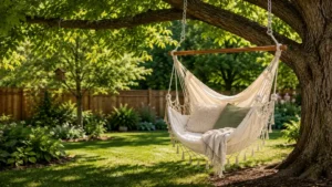 Swing hammock swing securely hanging from a sturdy tree in the backyard