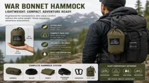 Lightweight war bonnet hammock packed for backpacking adventures with compact and portable storage