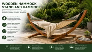 wooden hammock stand and hammock featuring a durable wooden frame and comfortable fabric bed