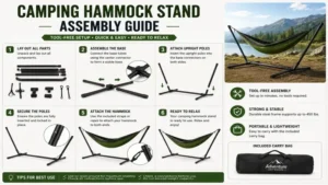 camping hammock stand assembly guide showing step-by-step setup instructions with tool-free installation and portable components