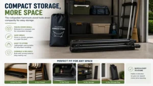 Compact collapsible hammock stand folded neatly for convenient storage in a garage or shed