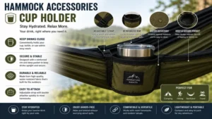 Practical cup holder hammock accessories attached to a hammock for secure beverage storage and hands-free relaxation
