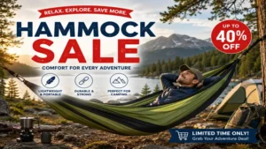 hammock sale featuring a camping hammock beside a scenic lake and mountain landscape