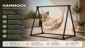 Contemporary hammock swing and stand with neutral colors and minimalist outdoor décor