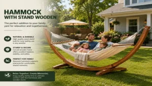 hammock with stand wooden designed for family relaxation in a spacious backyard with comfortable seating