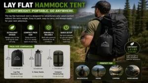 Side view of a lay flat hammock tent demonstrating the flat sleeping position and support system