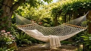 Peaceful garden retreat featuring a decorative netted hammock among greenery