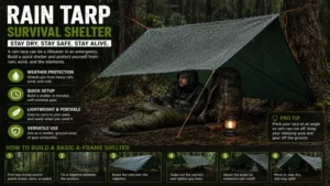 Rain tarp transformed into an emergency survival shelter for protection from heavy rain.