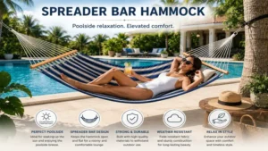 spreader bar hammock positioned poolside creating a relaxing resort-style atmosphere