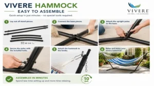 vivere hammock stand assembly process showing quick and easy setup
