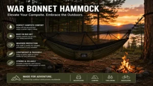 war bonnet hammock hanging at a scenic forest campsite during sunset with outdoor camping gear