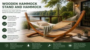 wooden hammock stand and hammock placed on a deck overlooking a peaceful natural view