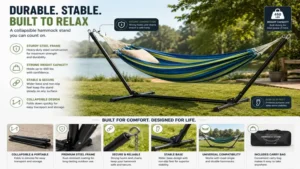 Durable collapsible hammock stand with sturdy metal frame supporting a hammock securely outdoors
