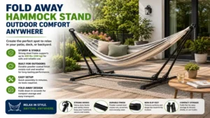 Fold away hammock stand supporting a hammock on a patio for outdoor lounging