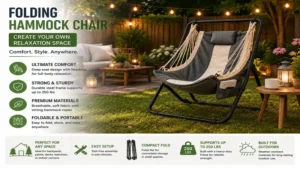 Folding hammock chair placed in a backyard creating a cozy relaxation space