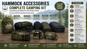 Complete camping kit featuring premium hammock accessories including straps, bug net, rain tarp, underquilt, and organizers